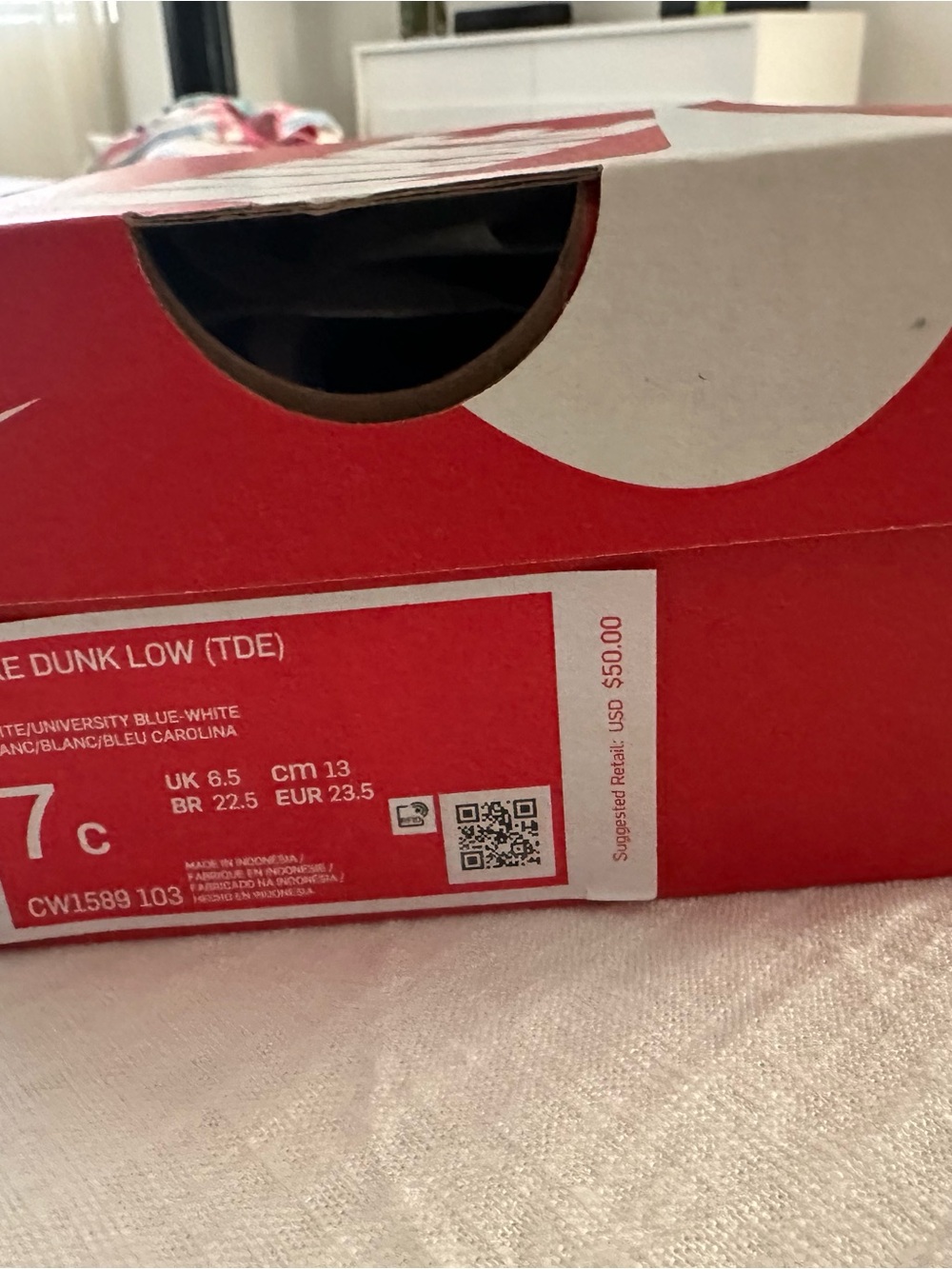 Nike Blue and White Dunk Low (TDE) Shoe Box